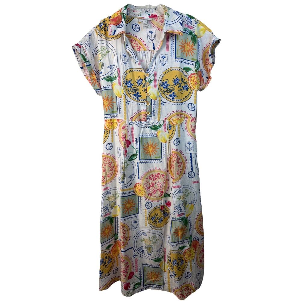 Vivid Aura Dress Button Santorini Postcard 60’s Lined Travel Size Med A-Line Sun